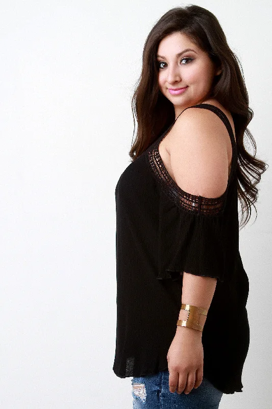Weekend Discounts to Enjoy Crinkle Cold Shoulder Crochet Trim Top