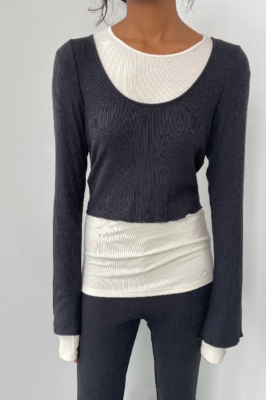 Overstock Clearance RIBBED ROUND NECK CROP LONG SLEEVE