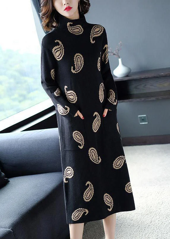 Limited Availability Modern Black High Neck Print Pockets Long Sweater Winter