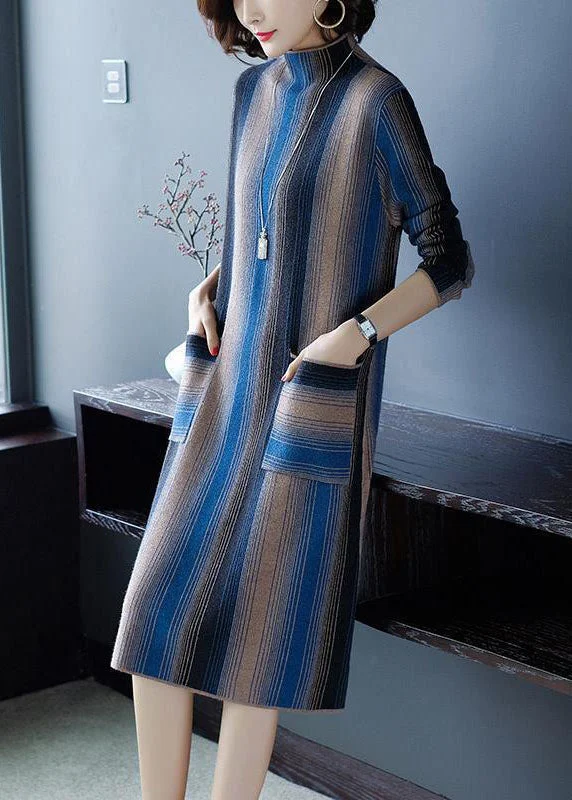 Weekend Offers That Tempt Elegant Blue High Neck Striped Knit Long Sweater Winter