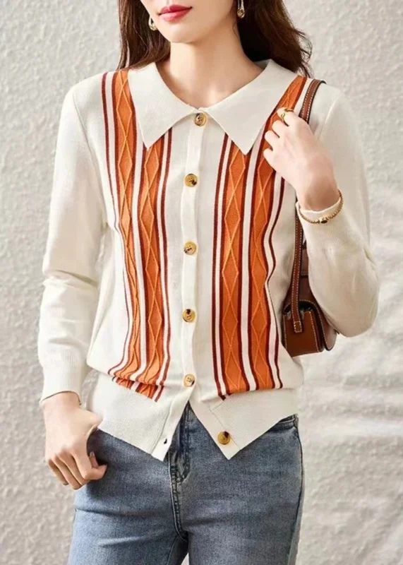 Weekend Deals That Sizzle French White Peter Pan Collar Striped Patchwork Knit Sweaters Fall