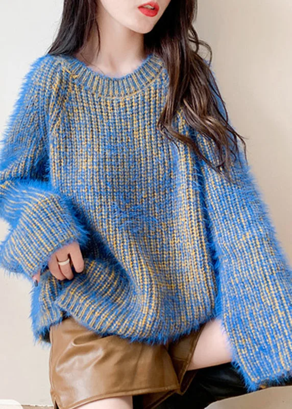 Exclusive Offers Fashion Blue O-Neck Cozy Low High Design Knit Sweaters Fall