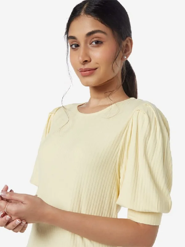 Weekend Discounts to Snag LOV Yellow Ribbed Puff-Sleeved Midi Dress
