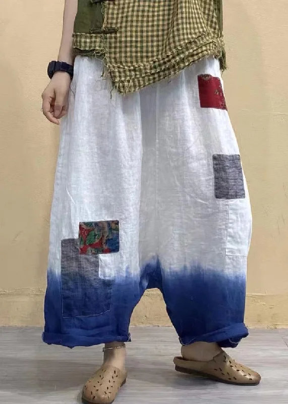 Quick Sale Elegant White Pockets Patchwork Elastic Waist Gradient Color Linen Pants Summer