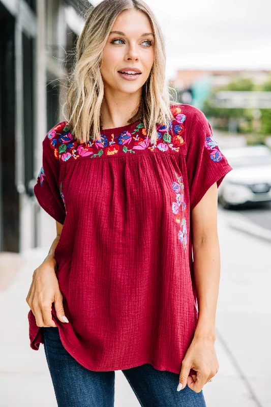 Discount Days Another Trip Taken Burgundy Red Embroidered Top