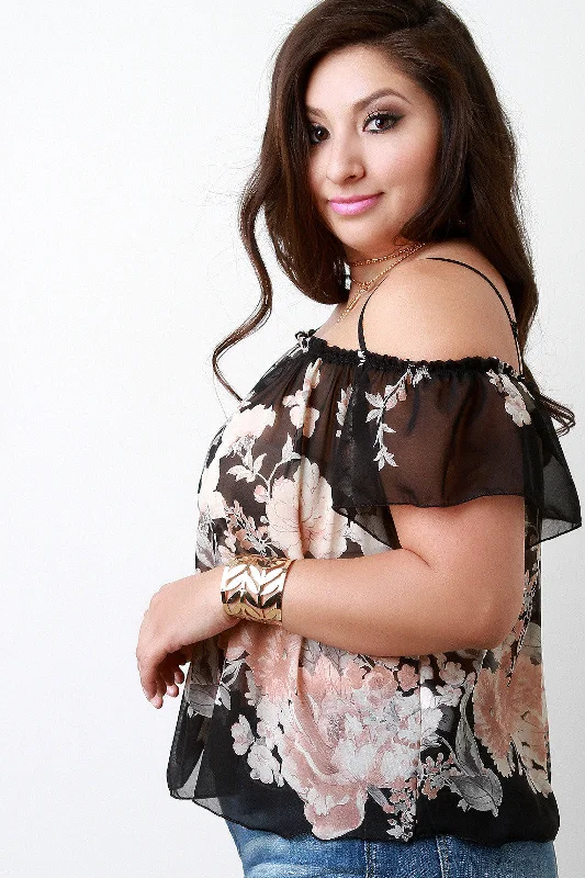 Hot Buy Floral Printed Chiffon Cold Shoulder Top