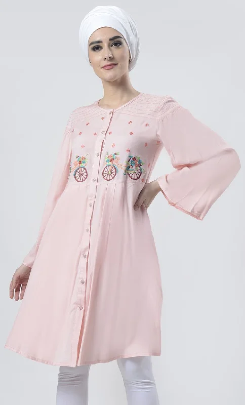 Weekend Bargains to Snag Graceful Light Pink Bicycle Embroidered Front Button Down Tunic