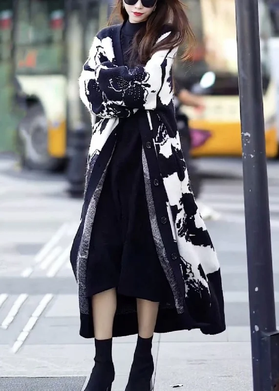 Weekend Offers That Sizzle Loose Black V Neck Button Patchwork Knit Knit Sweater Maxi Coat Fall