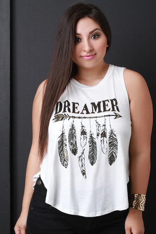 YEAR-End Clearance Dreamer Feathers Print Relaxed Sleeveless Tee