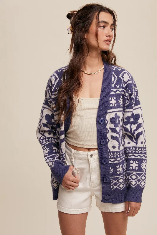 Can't Be Beat Navy Blue Printed Button Up Cardigan