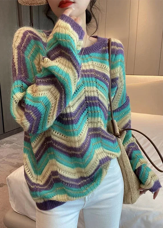 Weekend Specials to Celebrate Loose Purple Striped O Neck Hollow Out Patchwork Knit Sweaters Fall