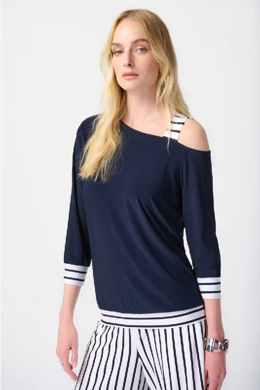 Shop the Weekend Away Joseph Ribkoff Midnight Blue/Vanilla Striped Asymmetric Cold-Shoulder Top 241168