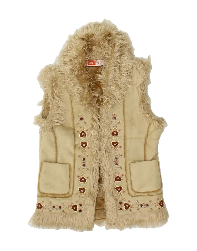 Weekend Discounts to Savor VINTAGE Womens Graphic Sherpa Gilet UK 10 Small Beige