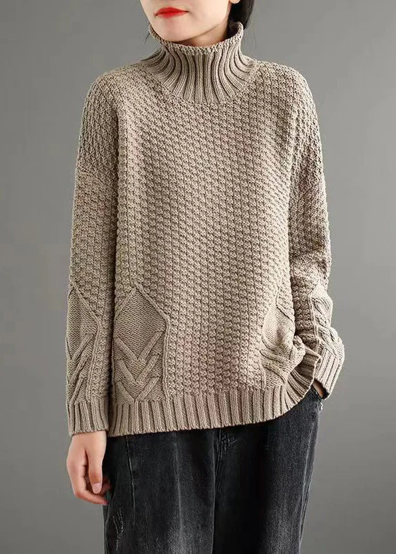 Weekend Specials to Indulge In Loose Apricot Turtleneck Patchwork Knitted Cotton Sweaters Fall