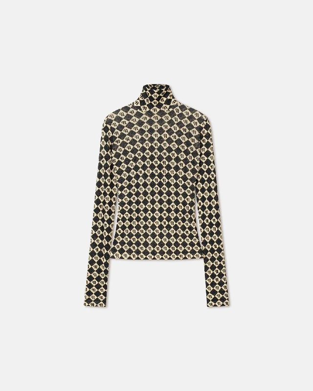 Act Now Harri - Mesh-Jersey Turtleneck Top - Black Diamond Check