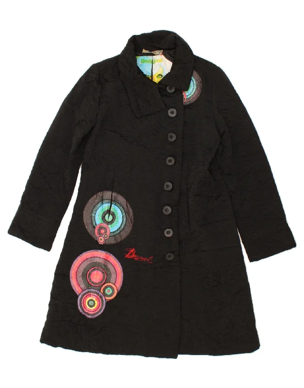 Reduced Price DESIGUAL Womens Graphic Overcoat IT 46 Large Black Cotton