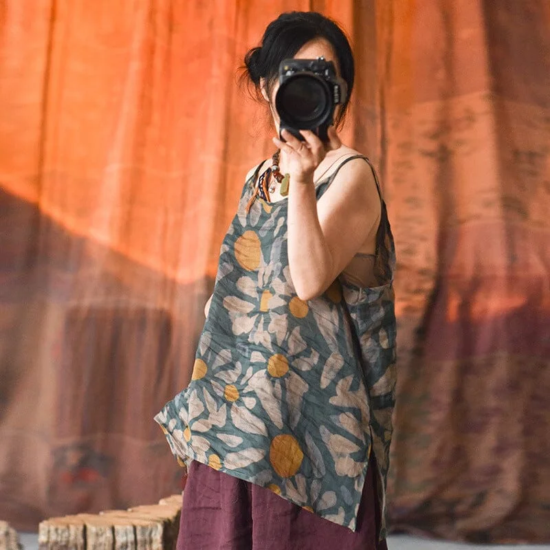 Year-End Sale Summer Retro Floral Print Linen Vest
