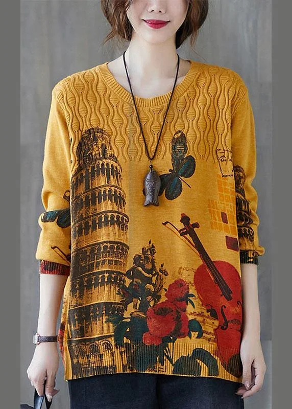 Time-Sensitive Fitted Yellow O-Neck Loose Print Fall Casual Knit Sweaters