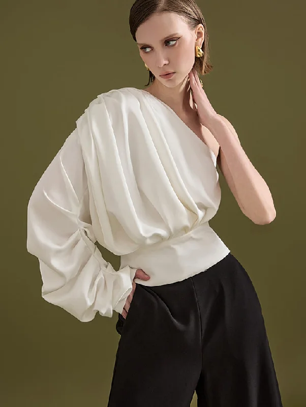 Limited Supply B9114 Satin One Shoulder Shirring Blouse