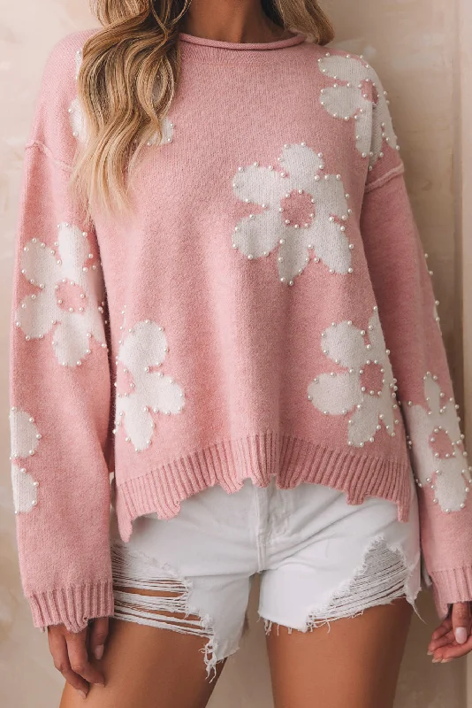 Unmissable Offer Pearl Beaded Floral Drop Shoulder Sweater