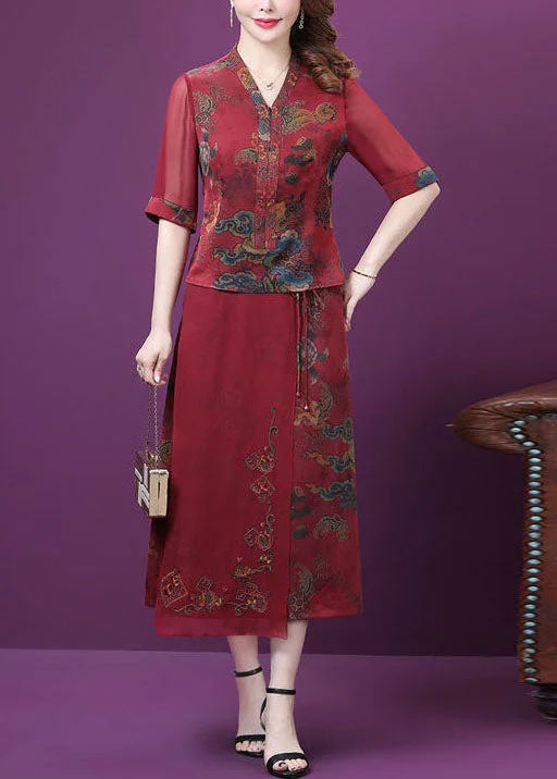 Limited Edition Elegant Red Print Patchwork Tops And Pants Silk Outfit Summer