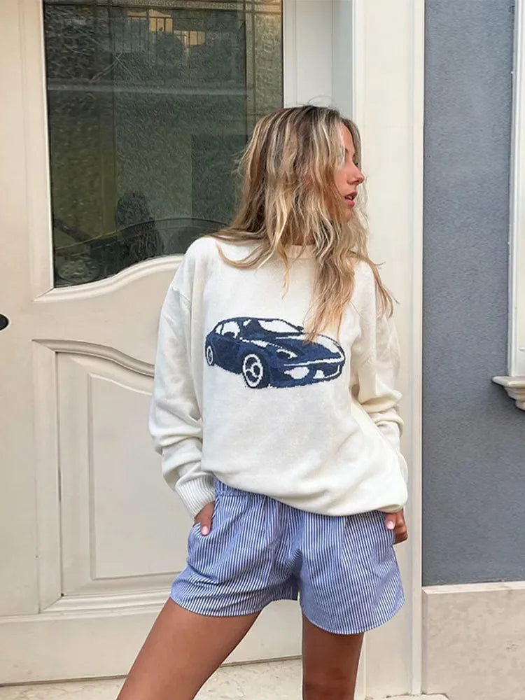 Price Cut Elegant Sports Car Print Knitted Pullover Women Casual Round Neck Long Sleeves Warm Sweater