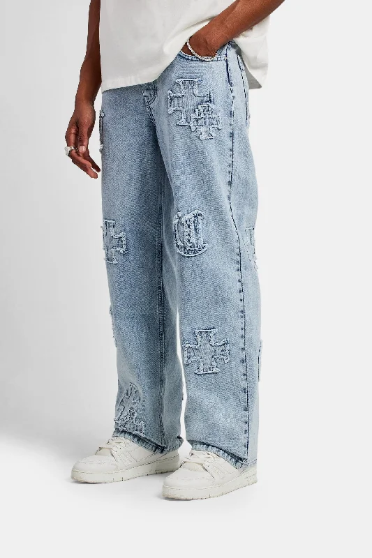 Baggy Raw Edge Applique Jeans - Light Blue