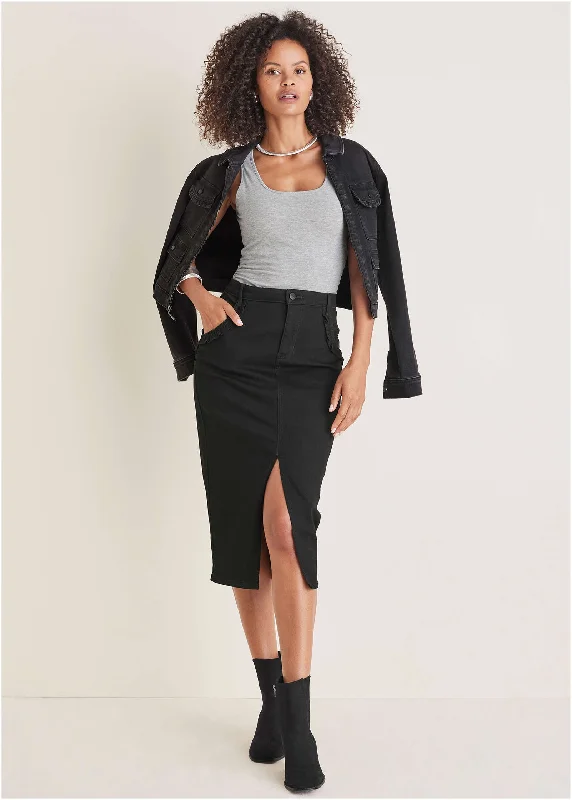 Overstock Ruffle Denim Midi Skirt - Black