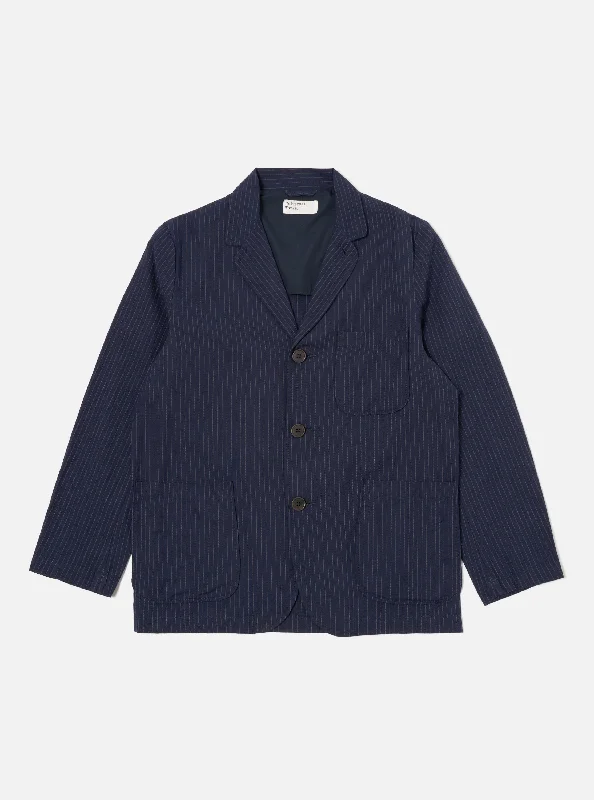 Universal Works Three Button Jacket in Navy Cotton Pinstripe