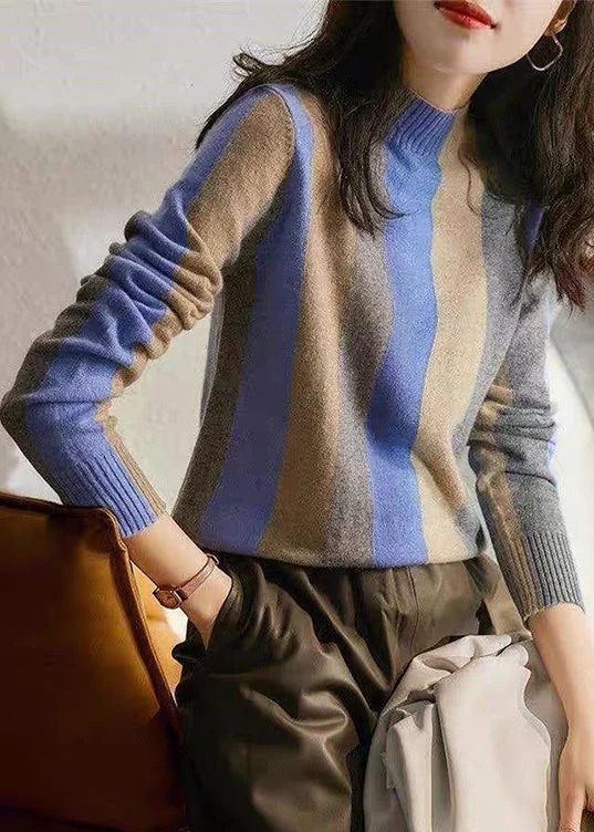 Act Fast French Blue Half Hign Neck Striped Knitted Sweaters Fall