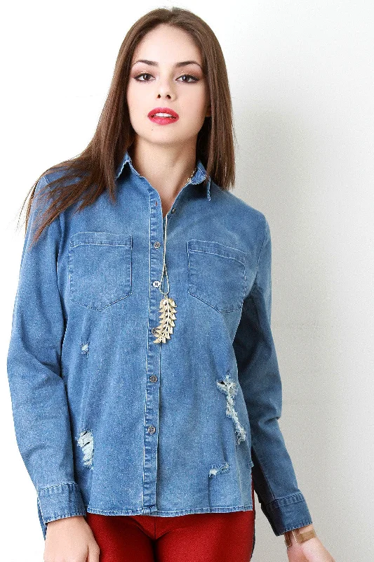 Extra Discounts Distressed Button-Up Pocketed Denim Jacket