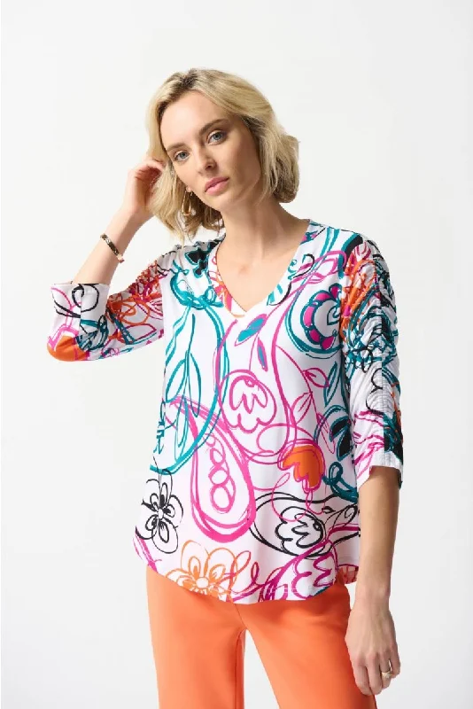 Weekend Price Cuts Galore Joseph Ribkoff Vanilla/Multi Floral Paisley Scribble Print Shirred Top 242179