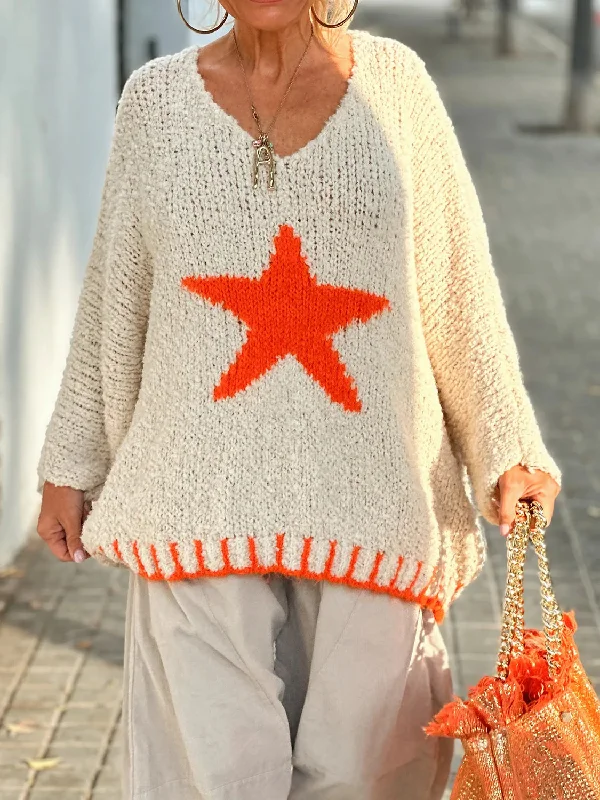 Buy Now Star V-Neck Long Sleeve Oversize Sweater