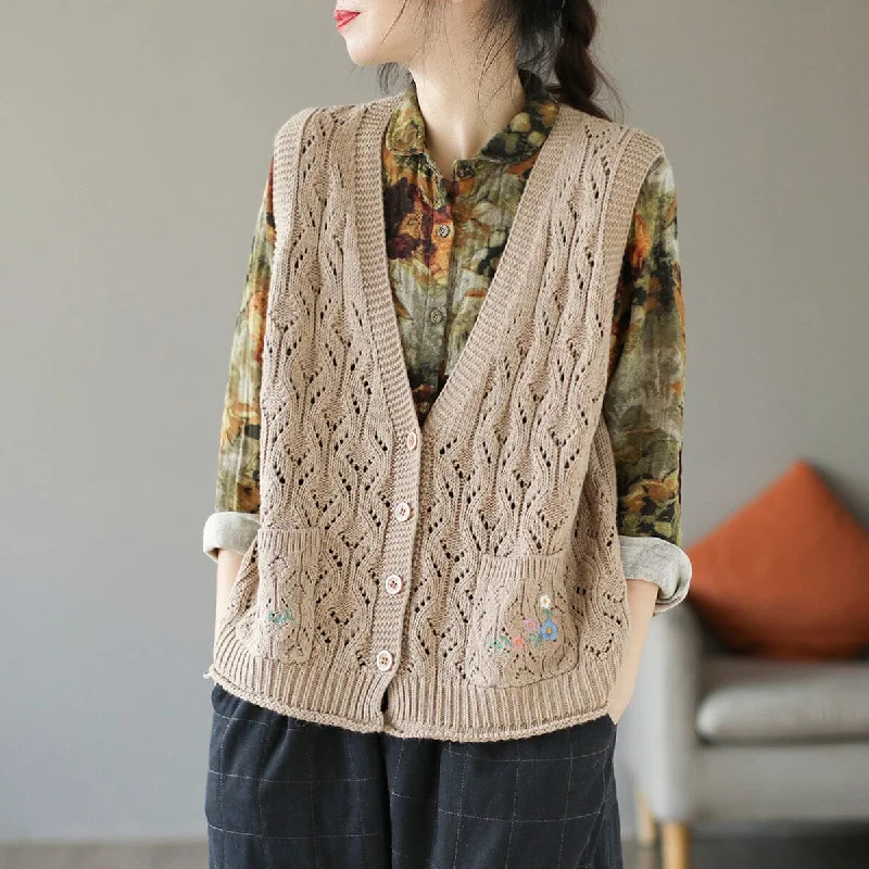Price Fest Women Autumn Retro Embroidery Hollow Knitted Vest