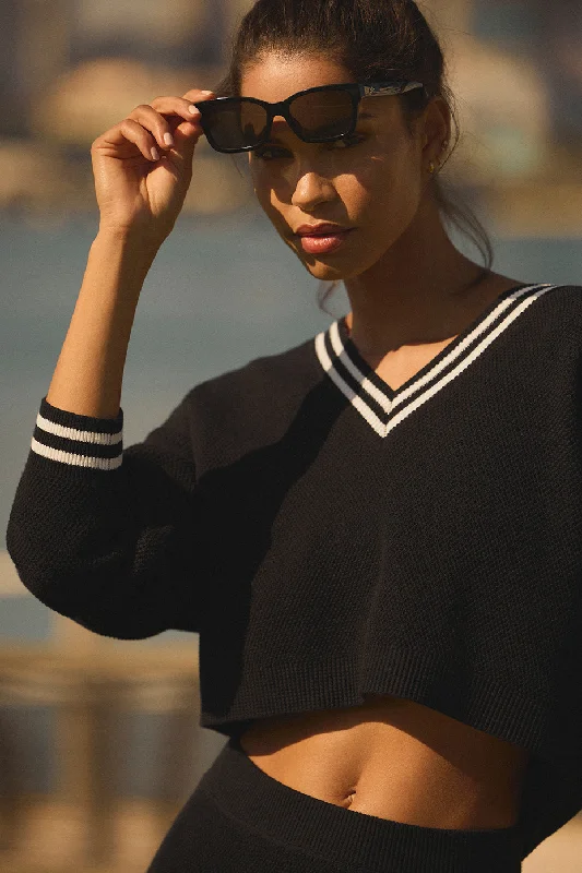 Today's Special Tennis Club Sweater Knit V-Neck Pullover - Black/Ivory