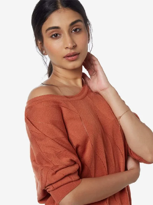 Weekend Discounts to Delight LOV Rust Knitted Cut-Out Design Top