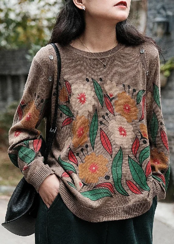 Now Available Italian Khaki O-Neck Print Button Fall Sweater