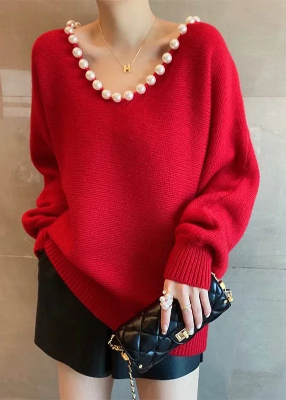 Reduced Rates Handmade Red V Neck Nail Bead Thick Knit Sweaters Fall