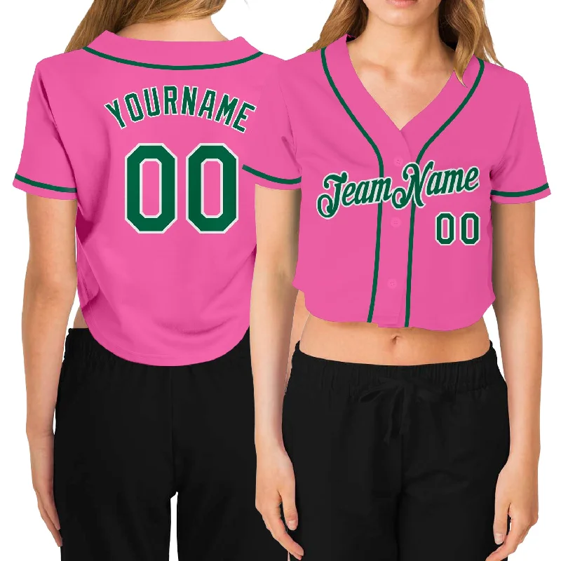 Bargain Prices Custom Women's Pink Kelly Green-White V-Neck Cropped Baseball Jersey