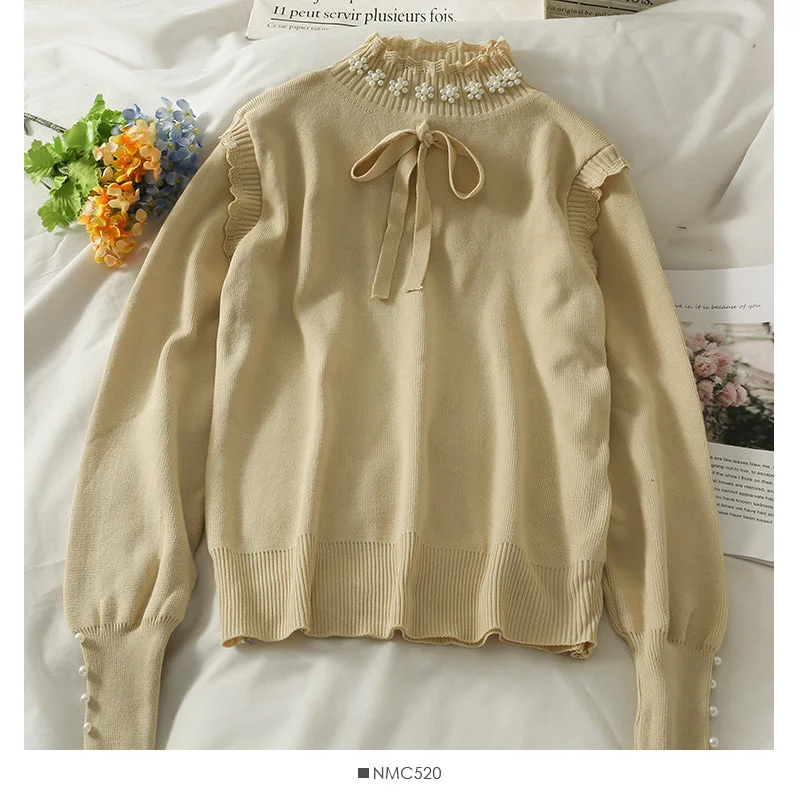 Weekend Shopping Extravaganza Sweet wind nail bead bow tie high neck Pullover Top  1822