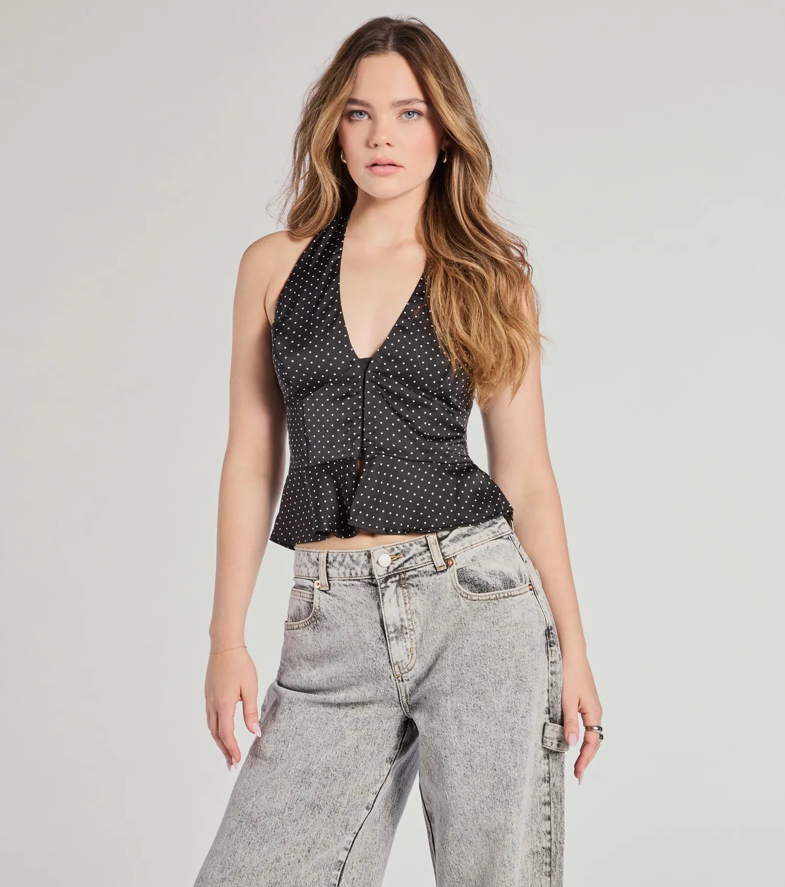 Super Sale Pretty Flair Polka Dot Satin Halter Top