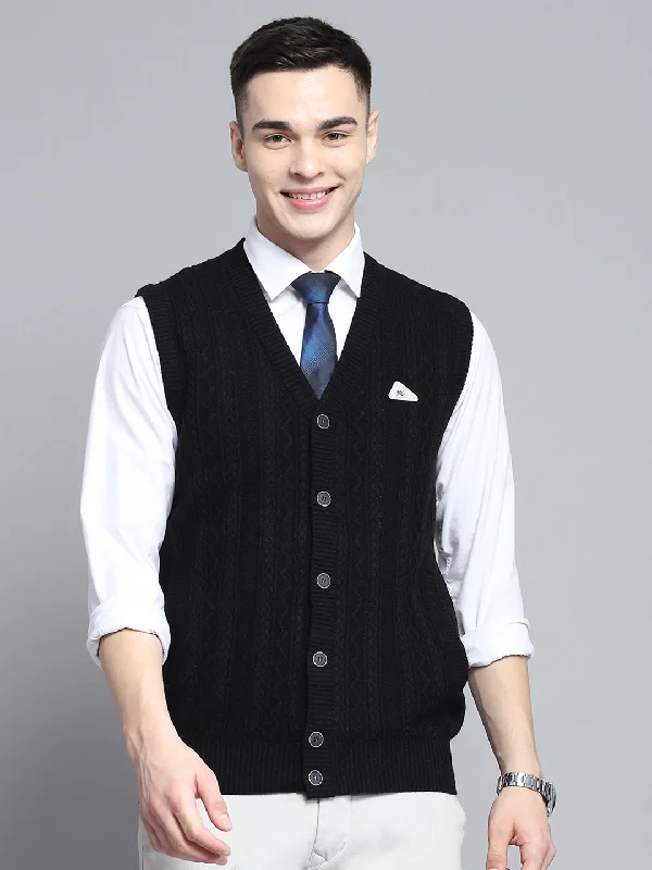 Men Black Self Design V Neck Sleeveless Cardigan