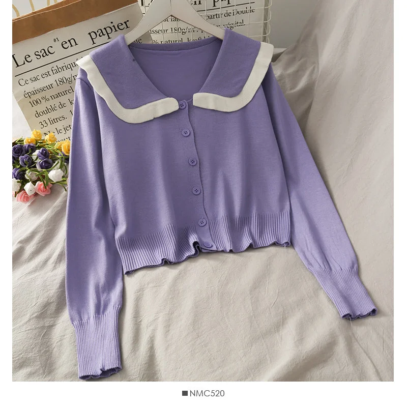 Unbeatable Prices College style white border doll collar single breasted cardigan top 1806 Unbeatable Prices College style white border doll collar single breasted cardigan top 1806