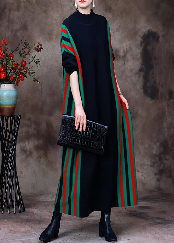 Today's Special Fitted Black Turtleneck Striped Patchwork Knit Long Sweater Dress Long Sleeve