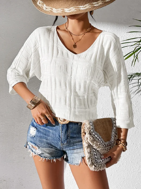 Hot Deal V-Neck Three-Quarter Sleeve Knit Top