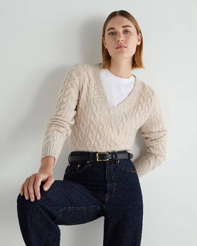 Super Savings Women's Frankie Cable V Neck Cashmere Sweater Ecru White
