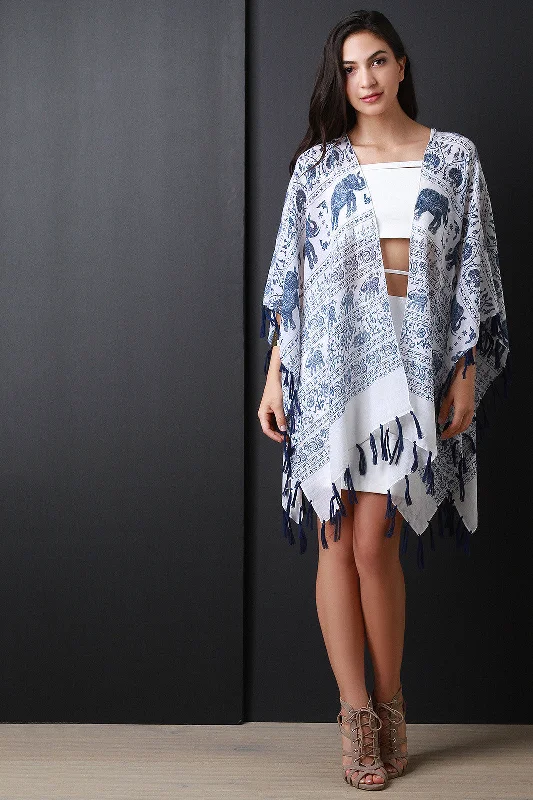 Weekend Specials You Can't Miss Elephant Print Fringe Hem Poncho Cardigan