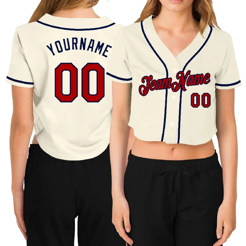 Big Deal Custom Women's Cream Red-Navy V-Neck Cropped Baseball Jersey