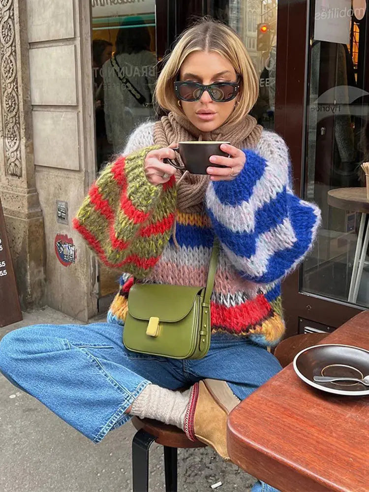Weekend Deals That Excite Fashion Contrasting O Neck Hollow Out Knitted Pullover Women Long Sleeve Loose Sweater