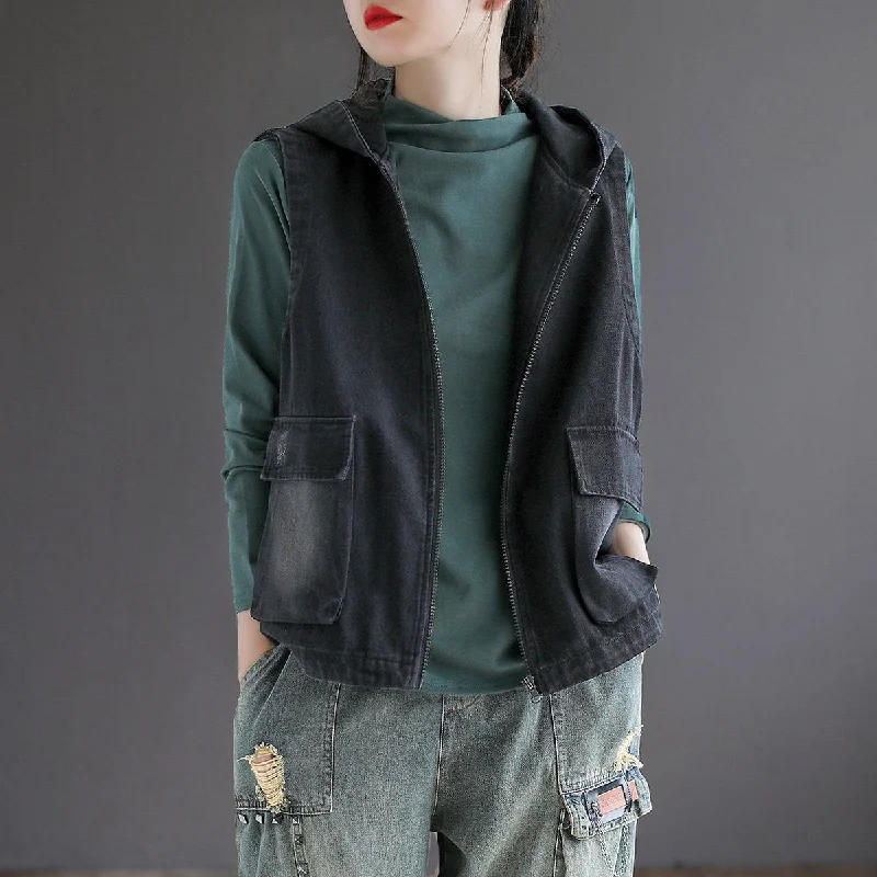 Crazy Deals Women Casual Hooded Zipper Loose Denim Vest